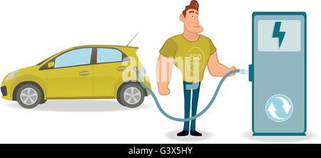 Chargement de l'homme sa voiture électrique à la gare sur fond blanc Illustration de Vecteur