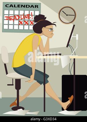 Frustré femme travaillant sur son ordinateur à la maison, un calendrier avec la date limite sur le mur derrière elle Illustration de Vecteur