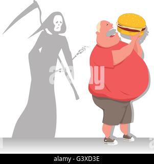 Grim Reaper tags un excès de man eating a hamburger, vector illustration Illustration de Vecteur