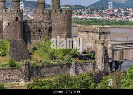 Château de Conwy Clwyd le Nord du Pays de Galles sur la rivière Conwy. Conway The Flying Scotsman locomotive train à vapeur Banque D'Images