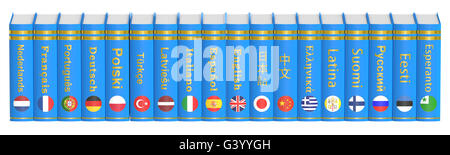 Rangée de langues Livres, rendu 3D isolé sur fond blanc Banque D'Images