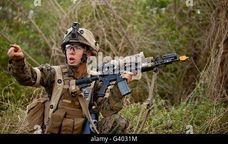 U.S. Marine Corps machine gunner dirige son équipe d'incendie. Banque D'Images