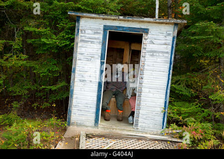 Outhouse ruines avec les nuls, Superior National Forest, Minnesota Banque D'Images