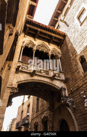 Pont gothique sur Carrer del Bisbe, quartier gothique, Barcelone, Espagne. Banque D'Images