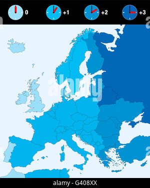 Les fuseaux horaires de l'Europe, l'heure normale. Quatre horloges avec différence de temps - dans les mêmes couleurs que les pays concernés. Banque D'Images