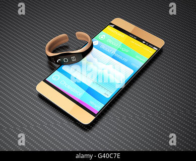 Smartphone Smart band et sur une surface texture carbone. Le rendu 3D image. Banque D'Images