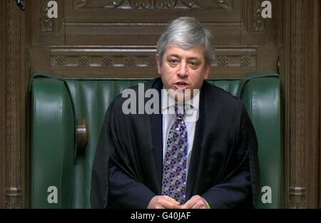 Président des communes John Bercow pendant les questions du premier ministre à la Chambre des communes, à Londres. Bercow a risqué davantage les députés conservateurs en révélant qu'il est partisan de l'interdiction de la chasse. Banque D'Images