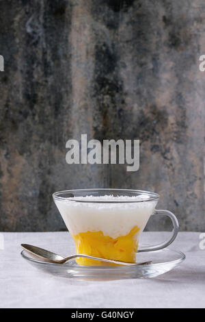 Des perles de tapioca au lait dessert avec du lait de coco et mangue. Servi en verre sur une soucoupe sur nappe blanche avec de vieux gra Banque D'Images