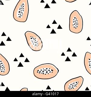 Motif répétitif sans couture à la main avec les papayes et triangle formes sur fond crème. Textiles modernes, cartes de vœux, Illustration de Vecteur
