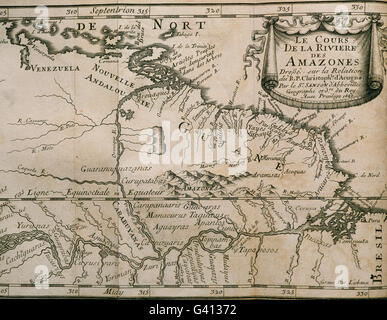 Carte de la région amazonienne de la Guyane. Il appartient à l'œuvre 'Rapport de la Riviere des Amazones", Paris, 1680. Écrit par Cristobal de Acuna (1597-1676), missionnaire jésuite espagnol. La gravure. Banque D'Images