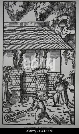 George Agricola (1494-1555) . De Re Metallica, 1556. Livre IX. Les méthodes de fusion des minerais. A. Les fours. B. Forehearths. Banque D'Images