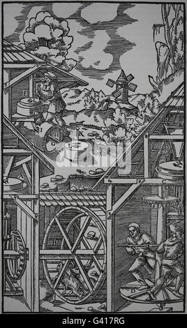 George Agricola (1494-1555) . Ouvrage De Re Metallica, 1556. Livre VIII. Extraire les métaux. Gravure de Pierre Weffring. Banque D'Images
