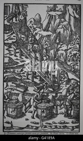 George Agricola (1494-1555) . Ouvrage De Re Metallica, 1556. Livre VIII. Extraire les métaux. Gravure de Pierre Weffring. Banque D'Images