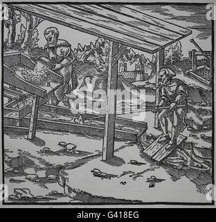 George Agricola (1494-1555) . Ouvrage De Re Metallica, 1556. Livre VIII. La rondelle de métaux. Gravure de Pierre Weffring. A.creux Banque D'Images