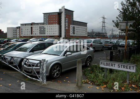 Vue générale du site de l'ancienne demeure du club de football de Leicester City, Filbert Street. Utilisé par le club de 1891 à 2002 quand le club a déménagé au stade actuel de Walkers. La région est maintenant le site de l'hébergement des étudiants de l'Université et aussi en partie abandonné Banque D'Images