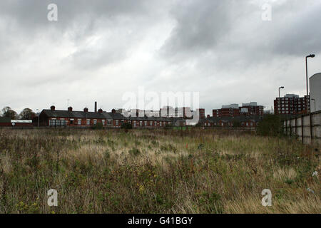 Vue générale du site de l'ancienne demeure du club de football de Leicester City, Filbert Street. Utilisé par le club de 1891 à 2002 quand le club a déménagé au stade actuel de Walkers. La région est maintenant le site de l'hébergement des étudiants de l'Université et aussi en partie abandonné Banque D'Images