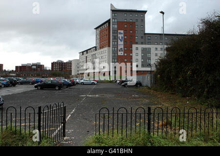 Vue générale du site de l'ancienne demeure du club de football de Leicester City, Filbert Street. Utilisé par le club de 1891 à 2002 quand le club a déménagé au stade actuel de Walkers. La région est maintenant le site de l'hébergement des étudiants de l'Université et aussi en partie abandonné Banque D'Images