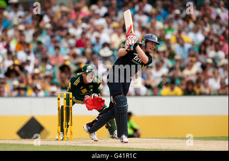 Les chauves-souris Eoin Morgan d'Angleterre regardées par le gardien de cricket australien Brad Haddin lors de la troisième journée internationale au Sydney Cricket Ground, Sydney, Australie. Banque D'Images