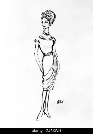 Un dessin du designer Victor Stiebel de la robe « Going-Away » de la princesse Margaret, à porter après son mariage à Antony Armstrong-Jones. Banque D'Images