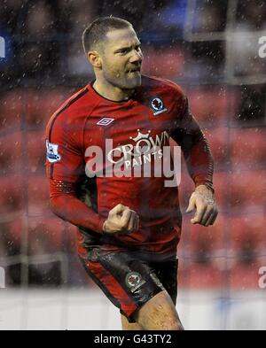 Soccer - Barclays Premier League - Wigan Athletic / Blackburn Rovers - DW Stadium.David Dunn, de Blackburn Rovers, célèbre le troisième but du match de son côté à partir de la zone de pénalité Banque D'Images