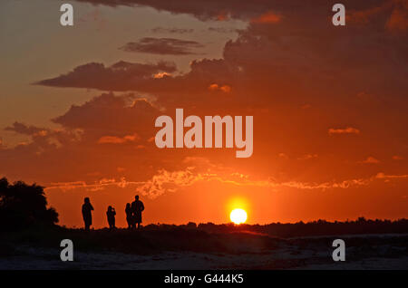 Silhouette de quatre personnes (deux couples) regarder le coucher de soleil orange éclatant sur une plage Australienne Banque D'Images