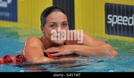 Keri-Anne Payne après avoir terminé deuxième dans sa chaleur de la Womens 1500m Freestyle pendant les championnats de natation de gaz britannique au Centre aquatique de Manchester, Manchester. Banque D'Images