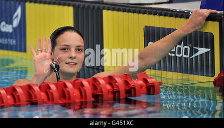 Keri-Anne Payne après avoir terminé deuxième dans sa chaleur de la Womens 1500m Freestyle pendant les championnats de natation de gaz britannique au Centre aquatique de Manchester, Manchester. Banque D'Images