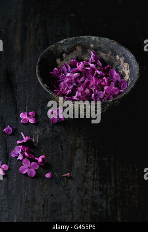 Vintage bol de fer de fleurs lilas comestibles sur fond de bois noir. With copy space Banque D'Images