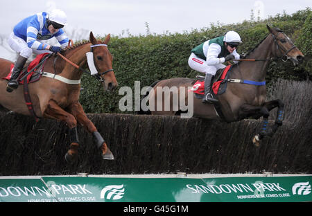 Mister's Apple, hopée par le Capt TWC Edwards (à gauche), remporte la Reine Elizabeth The Queen Mother Memorial Hunters' Chase (classe 4) lors de la Grand Military Gold Cup Day à l'hippodrome de Sandown, à Surrey. Banque D'Images