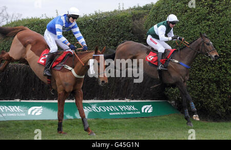 Mister's Apple, hopée par le Capt TWC Edwards (à gauche), remporte la Reine Elizabeth The Queen Mother Memorial Hunters' Chase (classe 4) lors de la Grand Military Gold Cup Day à l'hippodrome de Sandown, à Surrey. Banque D'Images