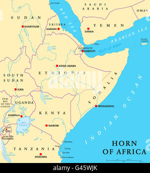 Corne de l'Afrique carte politique de la péninsule avec les capitales, les frontières nationales, d'importantes villes, rivières et lacs. Banque D'Images