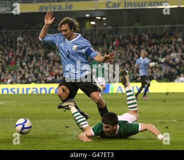 Shane long (à droite), de la République d'Irlande, descend après avoir lutté pour le bal avec Diego Lugano (à gauche), de l'Uruguay. Banque D'Images