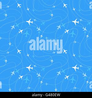 Routes aériennes avec des avions dans un ciel bleu, motif transparent Illustration de Vecteur