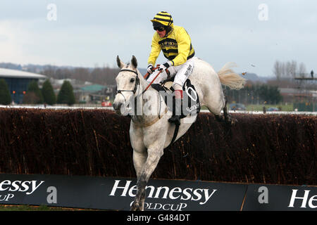 Jockey Peter Buchanan sur l'argent par nature lors de la Hennessy Gold Cup à l'hippodrome de Newbury, Berkshire. Banque D'Images