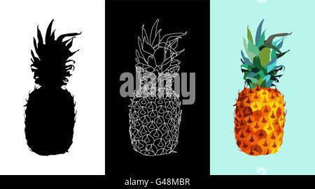 Jeu de l'été fruits ananas art illustrations, silhouette, style monochrome et colorée. Idéal pour la carte de vœux, partie Illustration de Vecteur