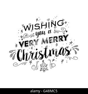 Joyeux noël design lettrage manuscrit. Joyeux noël texte souhaite citer avec ornement doodle dessins pour poster, maison de vacances greet Illustration de Vecteur