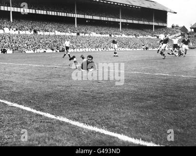 Albert Dunlop, gardien de but d'Everton, regarde le ballon s'ouvrir après avoir économi de Terry Dyson de Tottenham Hotspur. Banque D'Images