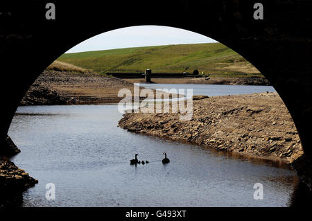 Les faibles niveaux d'eau dans les réservoirs de Saddleworth Moor au-dessus de Manchester, après une période de sécheresse prolongée a réduit considérablement l'eau stockée dans de nombreuses régions. Banque D'Images