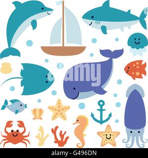 Ensemble de thème mer isolé sur fond blanc. Illustration de Vecteur