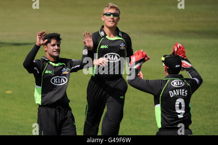 Yasser Arafat (à gauche) de Surrey célèbre avec Steven Davies (à droite) et Rory Hamilton-Brown après avoir pris la porte de Ryan Flannigan en Écosse. Banque D'Images