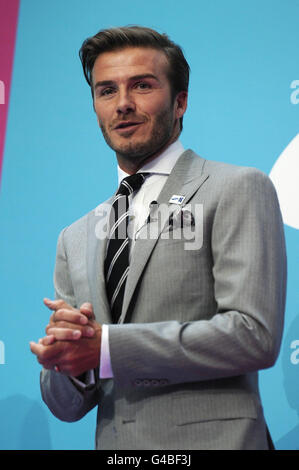 L'ambassadeur mondial des Jeux Olympiques de Samsung, David Beckham, lors du lancement de la campagne des Jeux Olympiques de Samsung les Jeux Olympiques de tous à Canary Wharf, Londres. Banque D'Images