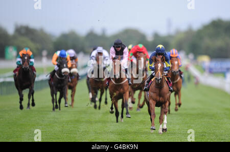 Shane Kelly conduit Shumoos à la victoire dans les goujons britanniques de stalinon les piquets de jeune fille de l'E.B.F Blue Square pendant la journée des enjeux d'Achille de Blue Square/Timeform jury Stakes à l'hippodrome de Haydock Park. Banque D'Images