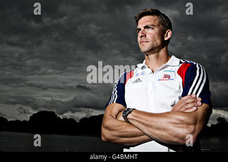 Grande-Bretagne Rower Pete Reed lors de l'annonce de l'équipe d'aviron GB à Redgrave et Pinsent Rowing Lake, Caversham. Banque D'Images