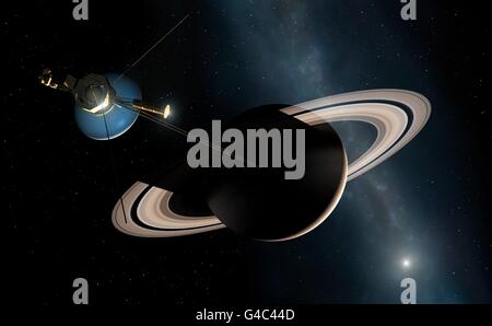 Voyager à Saturne, artwork. Deux Voyager (Voyager 1 et Voyager 2) ont été lancés en 1977. Ce calendrier a profité d'un rare alignement des planètes géantes Jupiter à Neptune, qui a permis à l'engin de leur rendre visite en une seule mission. Les images transmises avec succès des sondes et des données scientifiques à la terre en utilisant leur plat. Voyager 2 est en ce moment 110 UA de la terre â€" l'un des plus lointains objets dans l'espace. Dans cette illustration, c'est vu passant la planète Saturne. Banque D'Images