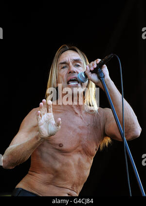 Iggy Pop se produit avec les Stooges pendant la deuxième journée du festival de l'île de Wight. Banque D'Images