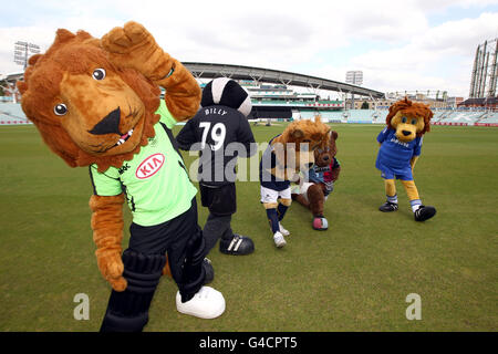 La mascotte de Surrey Caesar the Lion (à gauche), la mascotte de Fulham Billy the Badger (2e à gauche), la mascotte de Millwall Zampa the Lion (au centre), la mascotte de Chelsea Stamford the Lion (à droite) et la mascotte de Harlequins Charley, posent au Kia Oval Banque D'Images