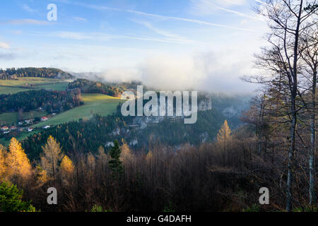 Vue depuis 20 Shilling sur Breitenstein avec le Semmering Railway et le Weinzettelwand, Autriche, Niederösterreich Banque D'Images