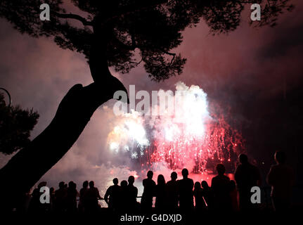 Les gens regardent des feux d'artifice au-dessus du port de Monte Carlo après la cérémonie religieuse du mariage de Charlene Wittstock au Prince Albert II de Monaco. Banque D'Images