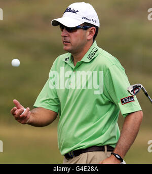 Ben Curtis, ancien champion de l'Open des États-Unis, lors d'une journée d'entraînement pour le Championnat de l'Open 2011 au Royal St George's, Sandwich. Banque D'Images