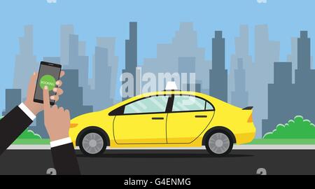 Réservation en ligne taxi hand holding smartphone à réserver avec taxi sur le chemin en arrière-plan graphique vectoriel Illustration de Vecteur